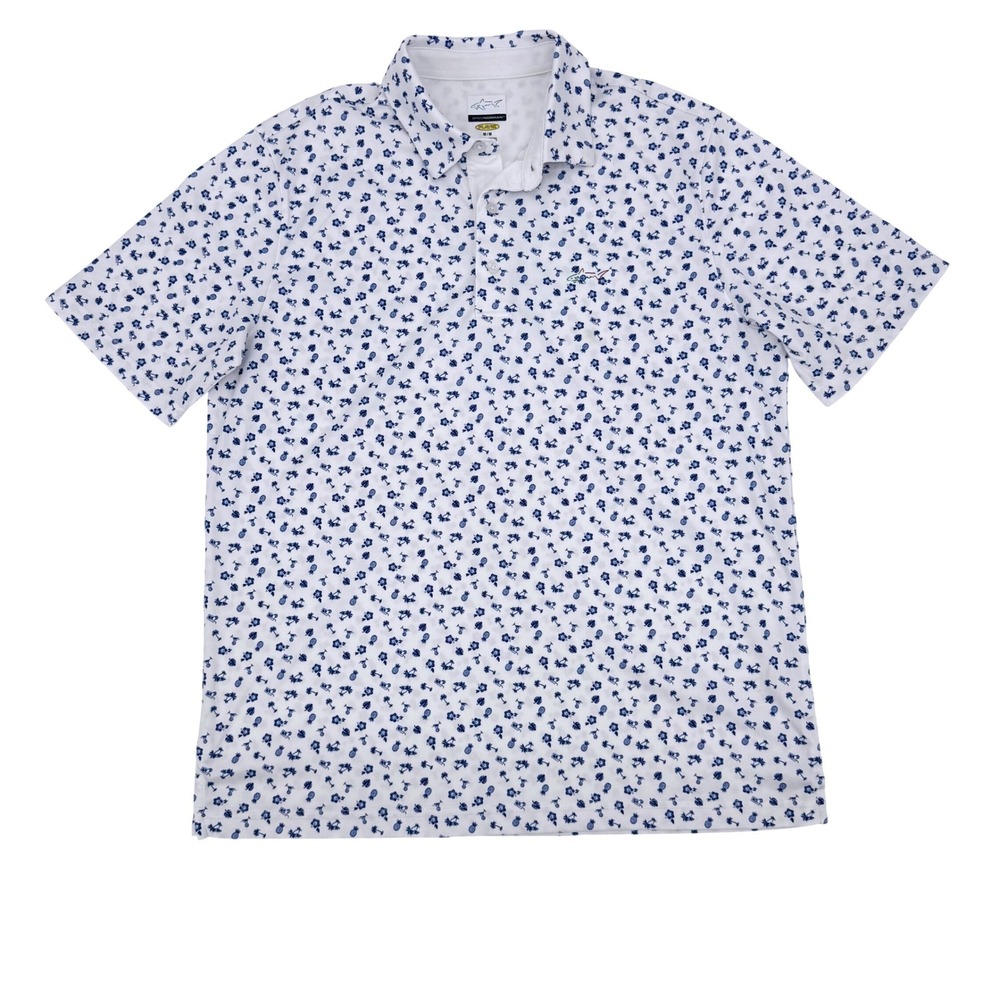 Greg Norman Men's Play Dry Golf Polo Shirt Medium White Tropical Pineapple Print